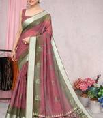 Pink printed cotton saree with blouse