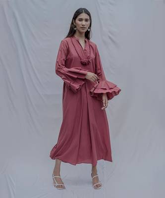 Front Pleated Dress With Bell Sleeves In Rust 3