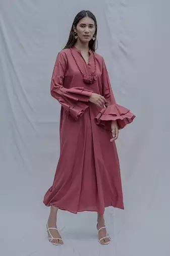 Front Pleated Dress With Bell Sleeves In Rust