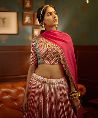 Pink Gotta Embellished Lehenga Set With Scalloped Dupatta 4