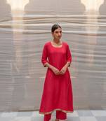 Corel cotton silk A-line styled kurta with gota and hand embroidered zardozi sequin border on sleeves and hem