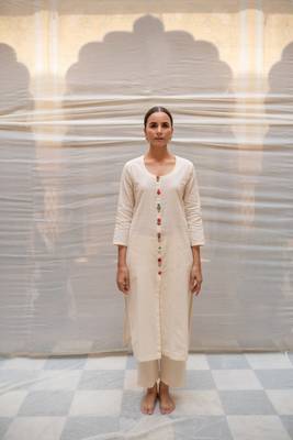 Ivory khadi cotton kurta and pant with hand crafted  brocade buttons made with zero waste philosophy 1