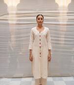 Ivory khadi cotton kurta and pant with hand crafted  brocade buttons made with zero waste philosophy