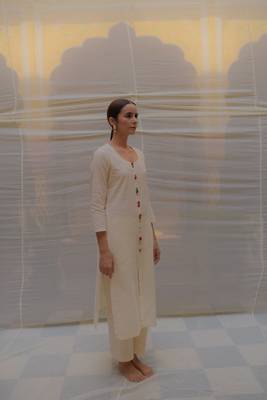 Ivory khadi cotton kurta and pant with hand crafted  brocade buttons made with zero waste philosophy 2