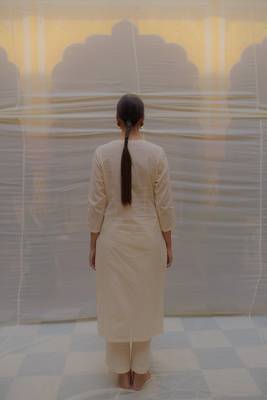 Ivory khadi cotton kurta and pant with hand crafted  brocade buttons made with zero waste philosophy 3
