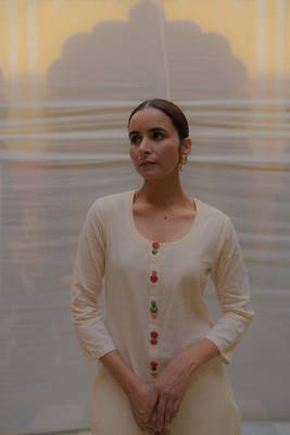 Ivory khadi cotton kurta and pant with hand crafted  brocade buttons made with zero waste philosophy 4