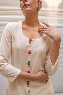 Ivory khadi cotton kurta and pant with hand crafted  brocade buttons made with zero waste philosophy 5