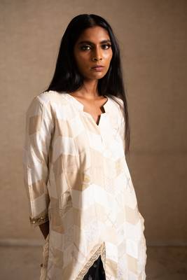 Upcycled patchwork kurta  in shades of ivory and beige made with remnants of heritage fabrics like silks,cottons, prints 4