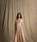 Beige khadi kurta with zardozi embroidery paired with palazzo pants
