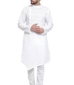 Designer White Linen Kurta With Aligarh Pajama For Men By Treemoda