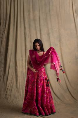 Upcycled patchwork lehanga in shades of pink with hand made gota border paired with pink silk blouse and chanderi. 2