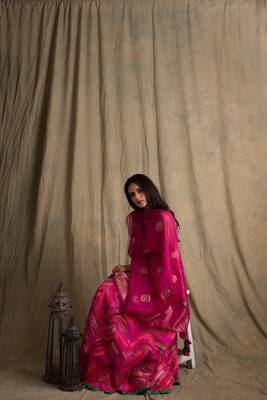 Upcycled patchwork lehanga in shades of pink with hand made gota border paired with pink silk blouse and chanderi. 3