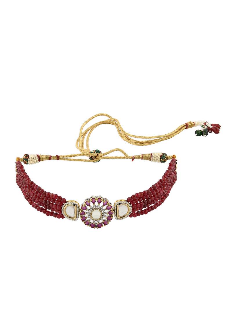 Red Beaded Kundan Polki Choker Necklace JOULES BY RADHIKA 4008904