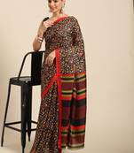 Black printed poly silk saree with blouse
