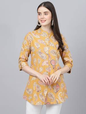 Mustard printed viscose rayon tunics 1