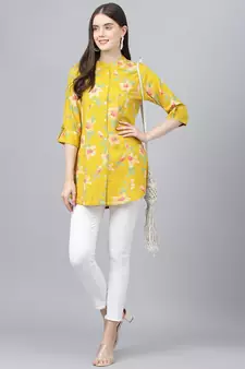 Yellow printed viscose rayon tunics