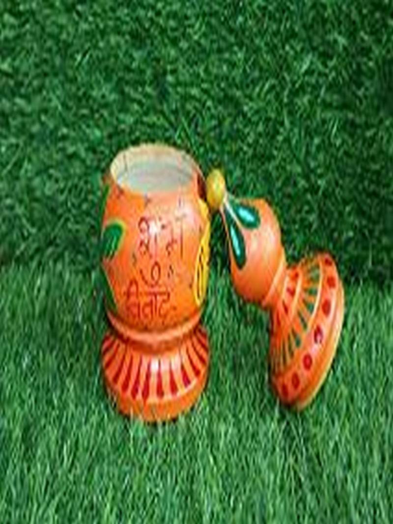 Salvus  Handpainted Wooden Round Sindoor Sindoor Box For Bride (7 INCH_ Orange Color)