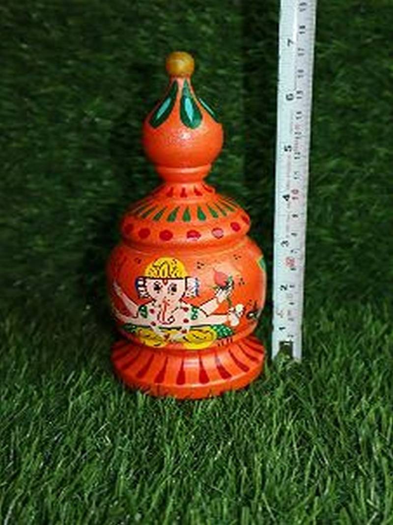 Salvus  Handpainted Wooden Round Sindoor Sindoor Box For Bride (7 INCH_ Orange Color)