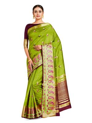 Green embroidered art silk saree with blouse 1