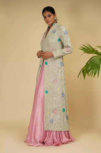 2 PIECE APLIC HAND EMBROIDERED LONG JACKET WITH SKIRT