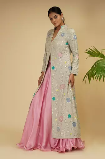 2 PIECE APLIC HAND EMBROIDERED LONG JACKET WITH SKIRT