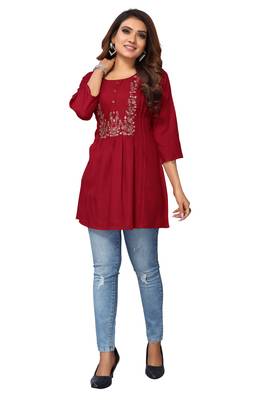 MohvogueMaroon Floral Embroidered Rayon Top. 1