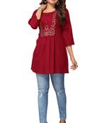 MohvogueMaroon Floral Embroidered Rayon Top.
