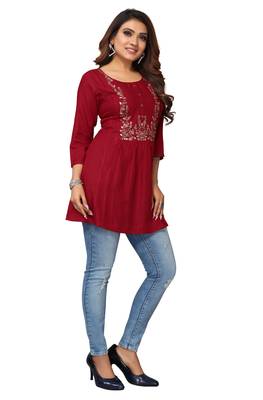 MohvogueMaroon Floral Embroidered Rayon Top. 3