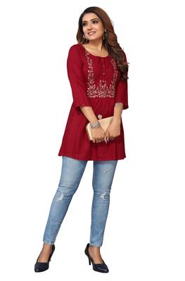 MohvogueMaroon Floral Embroidered Rayon Top. 4