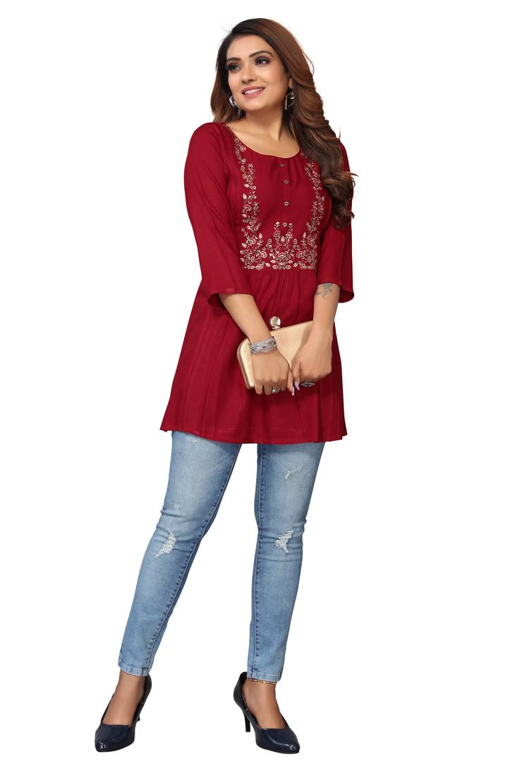 MohvogueMaroon Floral Embroidered Rayon Top.