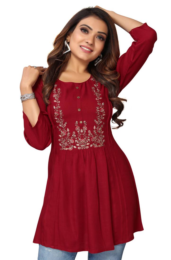 MohvogueMaroon Floral Embroidered Rayon Top.