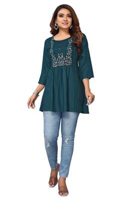 MohvogueTeal Floral Embroidered Rayon Top. 1