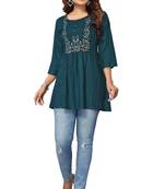 MohvogueTeal Floral Embroidered Rayon Top.