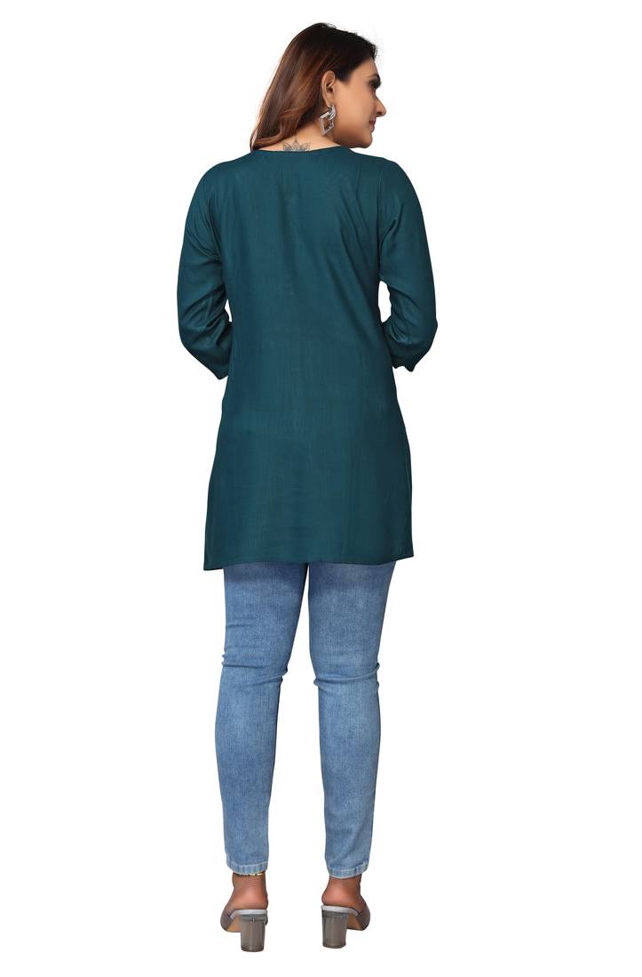 MohvogueTeal Floral Embroidered Rayon Top.