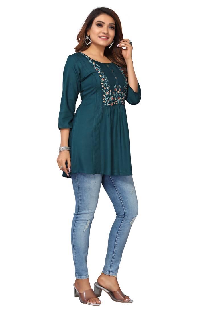 MohvogueTeal Floral Embroidered Rayon Top.