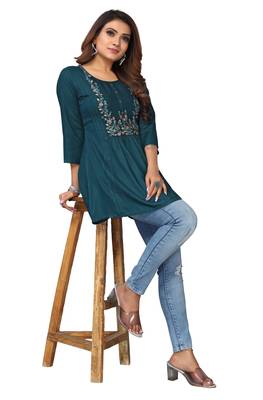 MohvogueTeal Floral Embroidered Rayon Top. 4