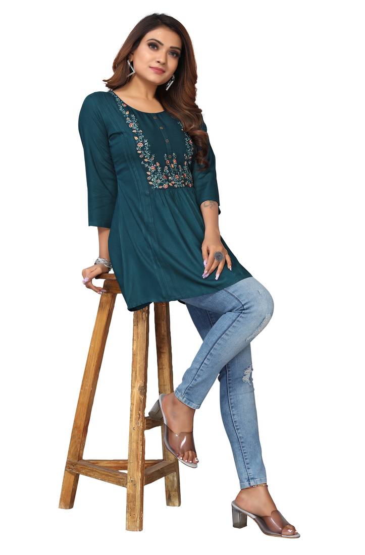 MohvogueTeal Floral Embroidered Rayon Top.