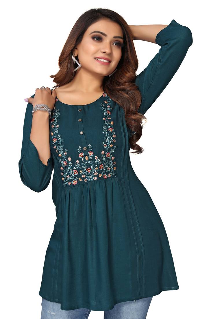 MohvogueTeal Floral Embroidered Rayon Top.