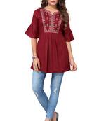 MohvogueRed Floral Embroidered Rayon A-line Short Top.