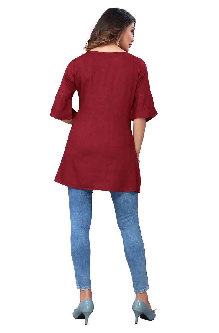 MohvogueRed Floral Embroidered Rayon A-line Short Top.