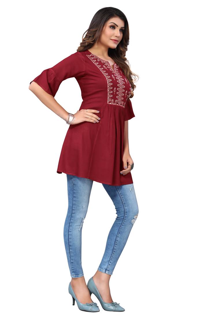 MohvogueRed Floral Embroidered Rayon A-line Short Top.