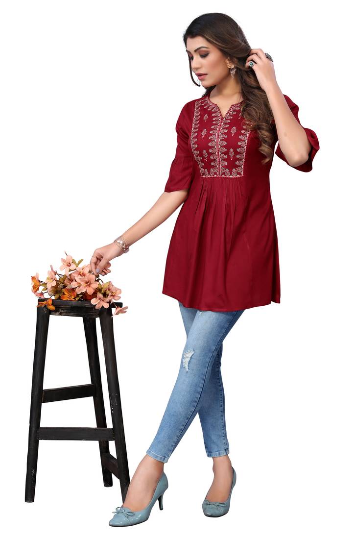 MohvogueRed Floral Embroidered Rayon A-line Short Top.