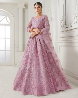  Rose Pink Coding Embroidered Net Bridal Lehenga For Wedding 1