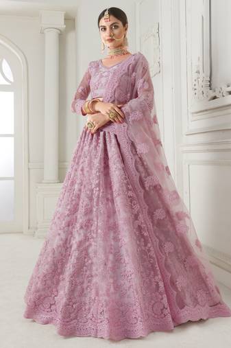  Rose Pink Coding Embroidered Net Bridal Lehenga For Wedding