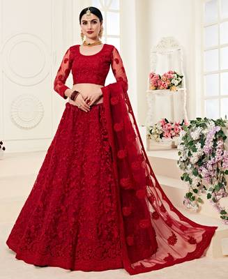 Red Coding Embroidered Net And Silk Satin Indian Wedding Lehenga For Bride 1