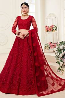 Red Coding Embroidered Net And Silk Satin Indian Wedding Lehenga For Bride