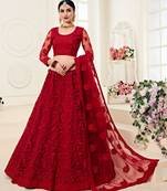 Red Coding Embroidered Net And Silk Satin Indian Wedding Lehenga For Bride