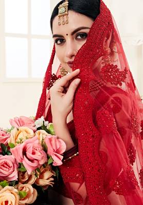 Red Coding Embroidered Net And Silk Satin Indian Wedding Lehenga For Bride 2