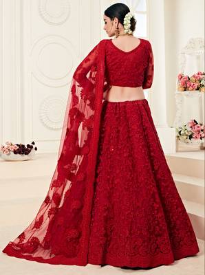 Red Coding Embroidered Net And Silk Satin Indian Wedding Lehenga For Bride 3