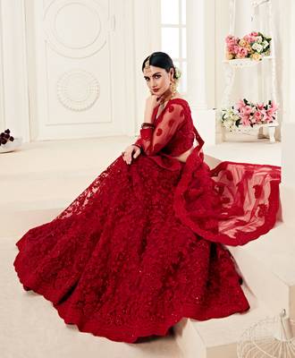 Red Coding Embroidered Net And Silk Satin Indian Wedding Lehenga For Bride 4